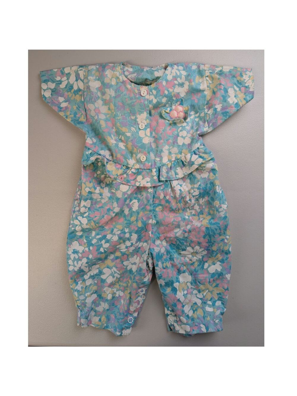Vtg Floral Baby Romper Newborn Short Sleeve Pink Blue Mayfair Artsy Girly Cute